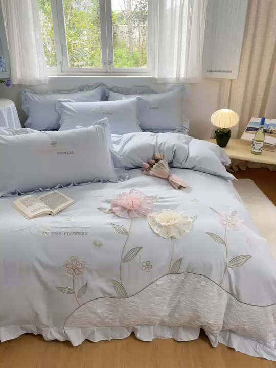 91家纺网 家纺一手货源 找家纺 AB家纺2025新款 水洗棉绣花四件套 丽芙塔-天空蓝