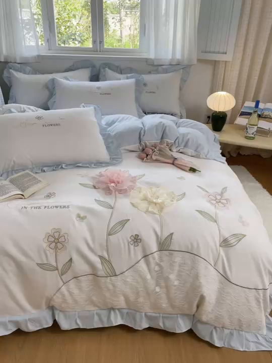 91家纺网 家纺一手货源 找家纺 AB家纺2025新款 水洗棉绣花四件套 丽芙塔-蓝日