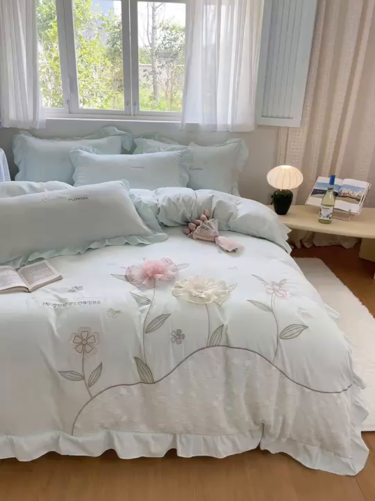 91家纺网 家纺一手货源 找家纺 AB家纺2025新款 水洗棉绣花四件套 丽芙塔 -水绿