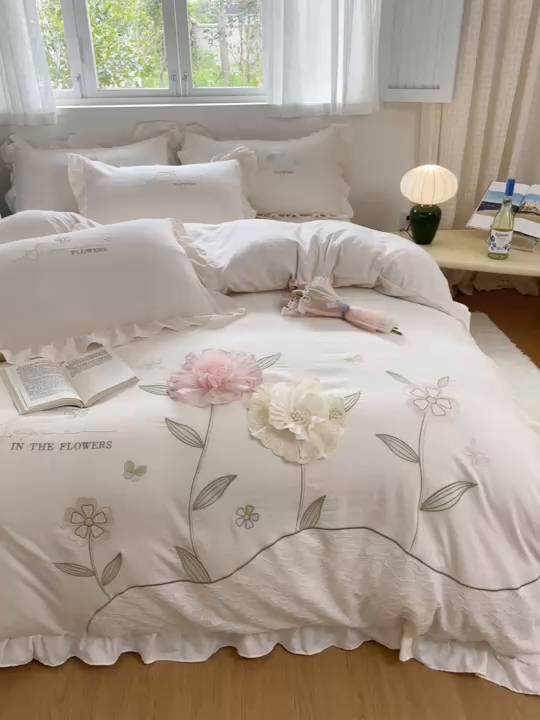 91家纺网 家纺一手货源 找家纺 AB家纺2025新款 水洗棉绣花四件套 丽芙塔 -淡奶油