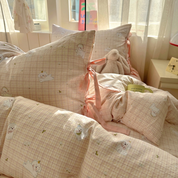 91家纺网 家纺一手货源 找家纺 漫仙阁家纺 2025新款蝴蝶结绑带款四件套-卡通系列 格子小狗