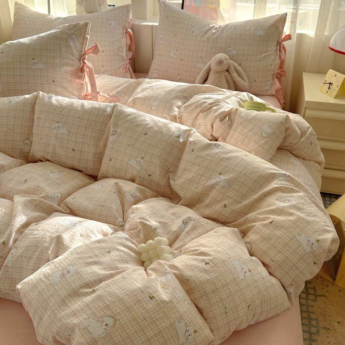 91家纺网 家纺一手货源 找家纺 漫仙阁家纺 2025新款蝴蝶结绑带款四件套-卡通系列 格子小狗