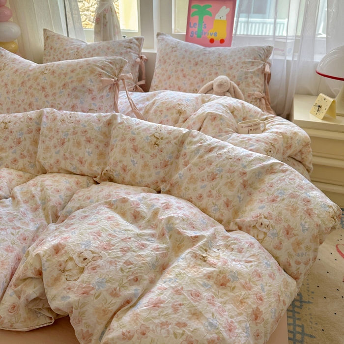 91家纺网 家纺一手货源 找家纺 漫仙阁家纺 2025新款蝴蝶结绑带款四件套-卡通系列 粉小兔