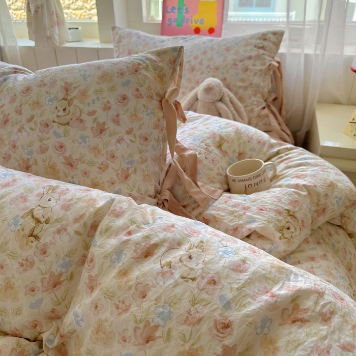 91家纺网 家纺一手货源 找家纺 漫仙阁家纺 2025新款蝴蝶结绑带款四件套-卡通系列 粉小兔