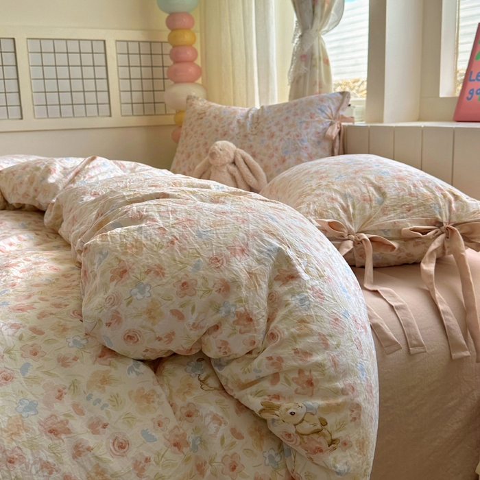 91家纺网 家纺一手货源 找家纺 漫仙阁家纺 2025新款蝴蝶结绑带款四件套-卡通系列 粉小兔