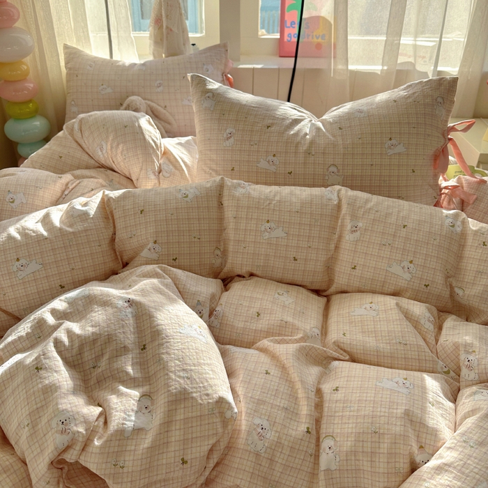 91家纺网 家纺一手货源 找家纺 漫仙阁家纺 2025新款蝴蝶结绑带款四件套-卡通系列 格子小狗