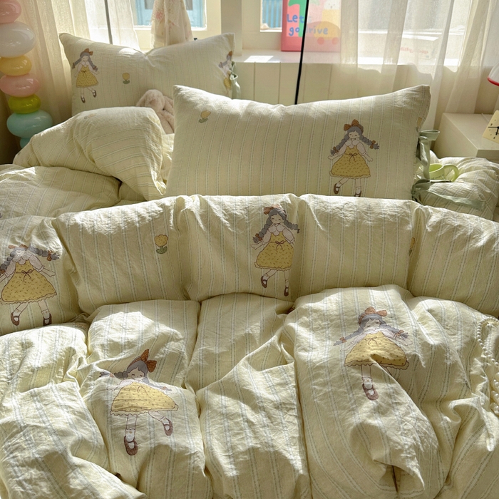 91家纺网 家纺一手货源 找家纺 漫仙阁家纺 2025新款蝴蝶结绑带款四件套-卡通系列 田园女孩