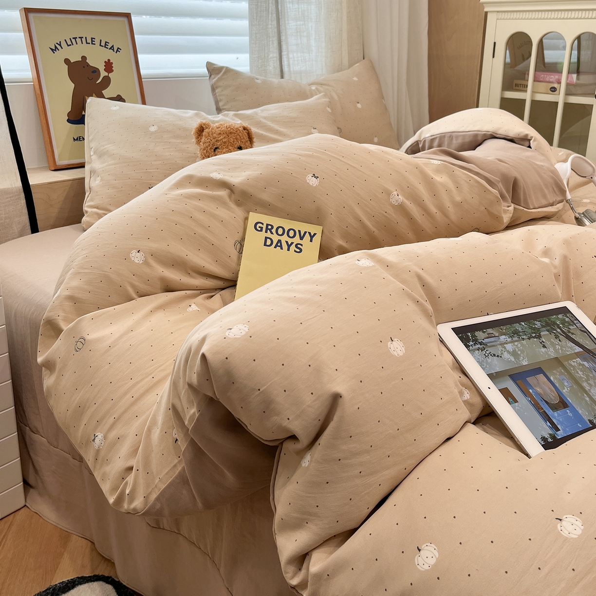 91家纺网 家纺一手货源 找家纺 金梦拉家纺 2025新款A类提花人字纹小布袋款四件套 小南瓜