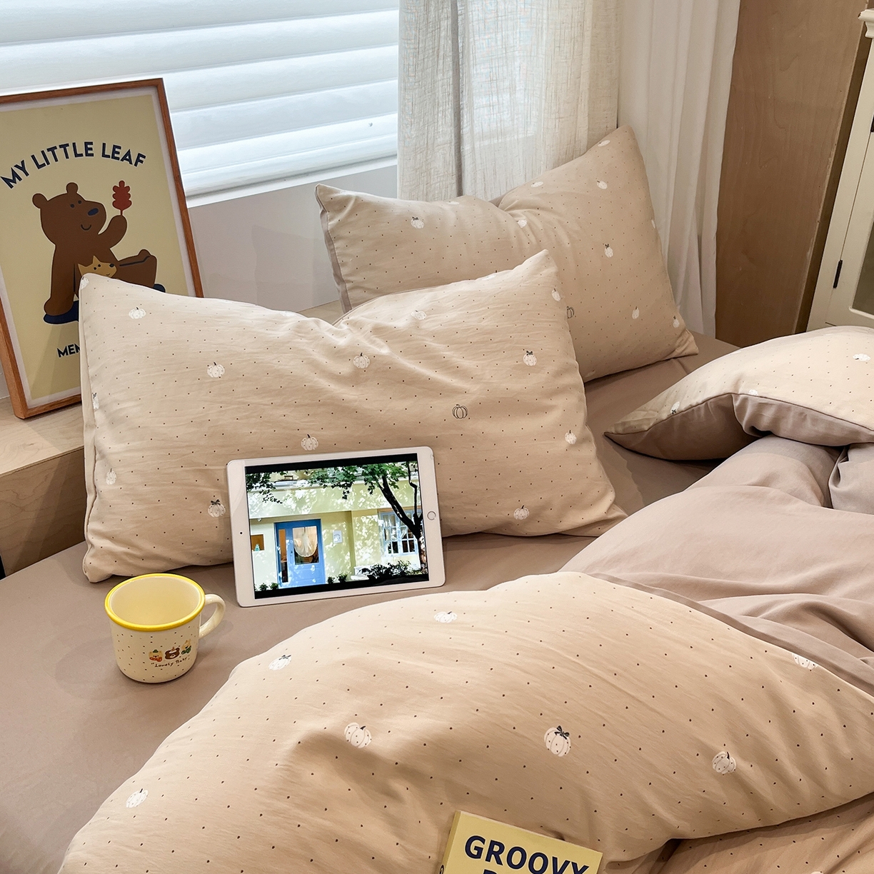 91家纺网 家纺一手货源 找家纺 金梦拉家纺 2025新款A类提花人字纹小布袋款四件套 小南瓜