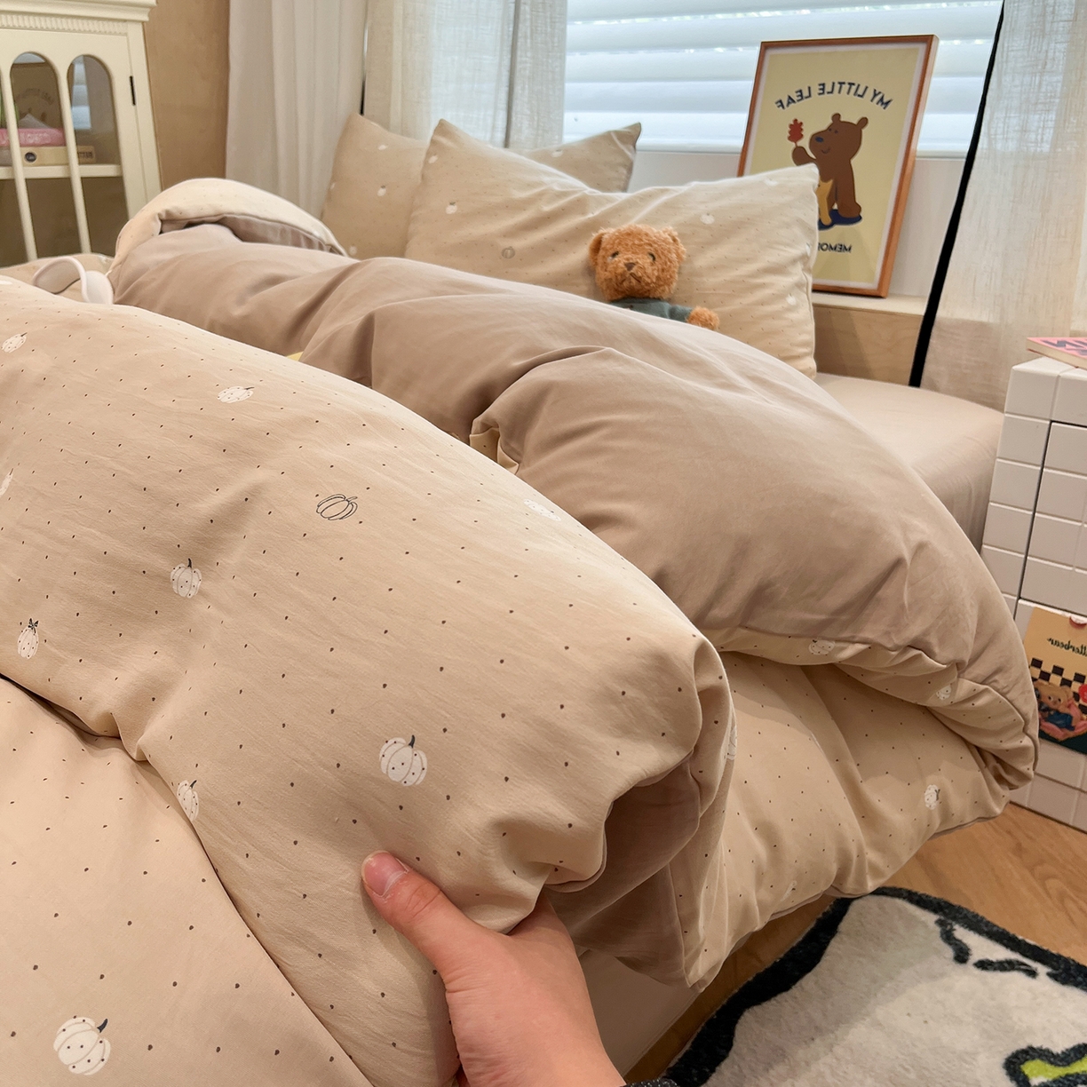 91家纺网 家纺一手货源 找家纺 金梦拉家纺 2025新款A类提花人字纹小布袋款四件套 小南瓜