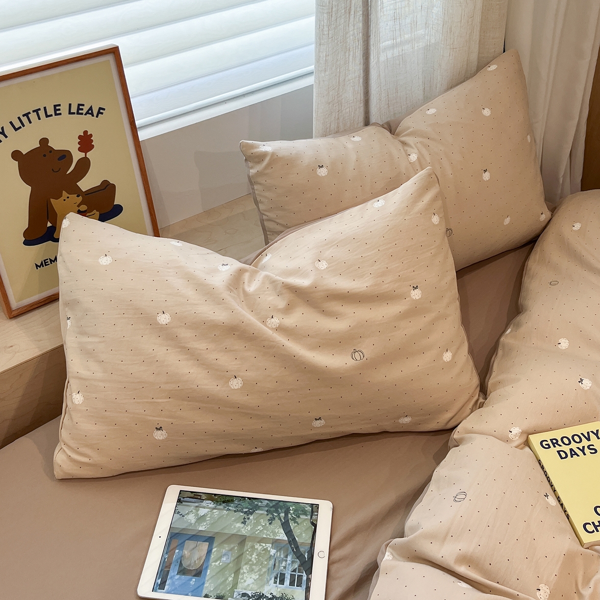 91家纺网 家纺一手货源 找家纺 金梦拉家纺 2025新款A类提花人字纹小布袋款四件套 小南瓜