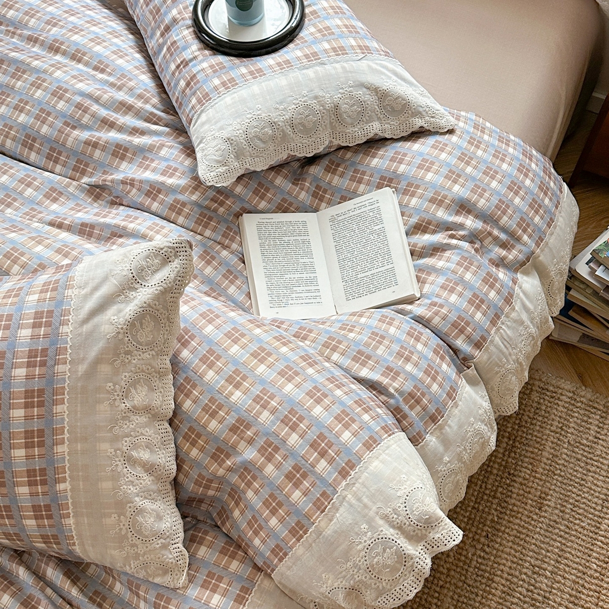 91家纺网 家纺一手货源 找家纺 （总）觅糖家纺 2025新款A类全棉云感双层纱蕾丝花边四件套