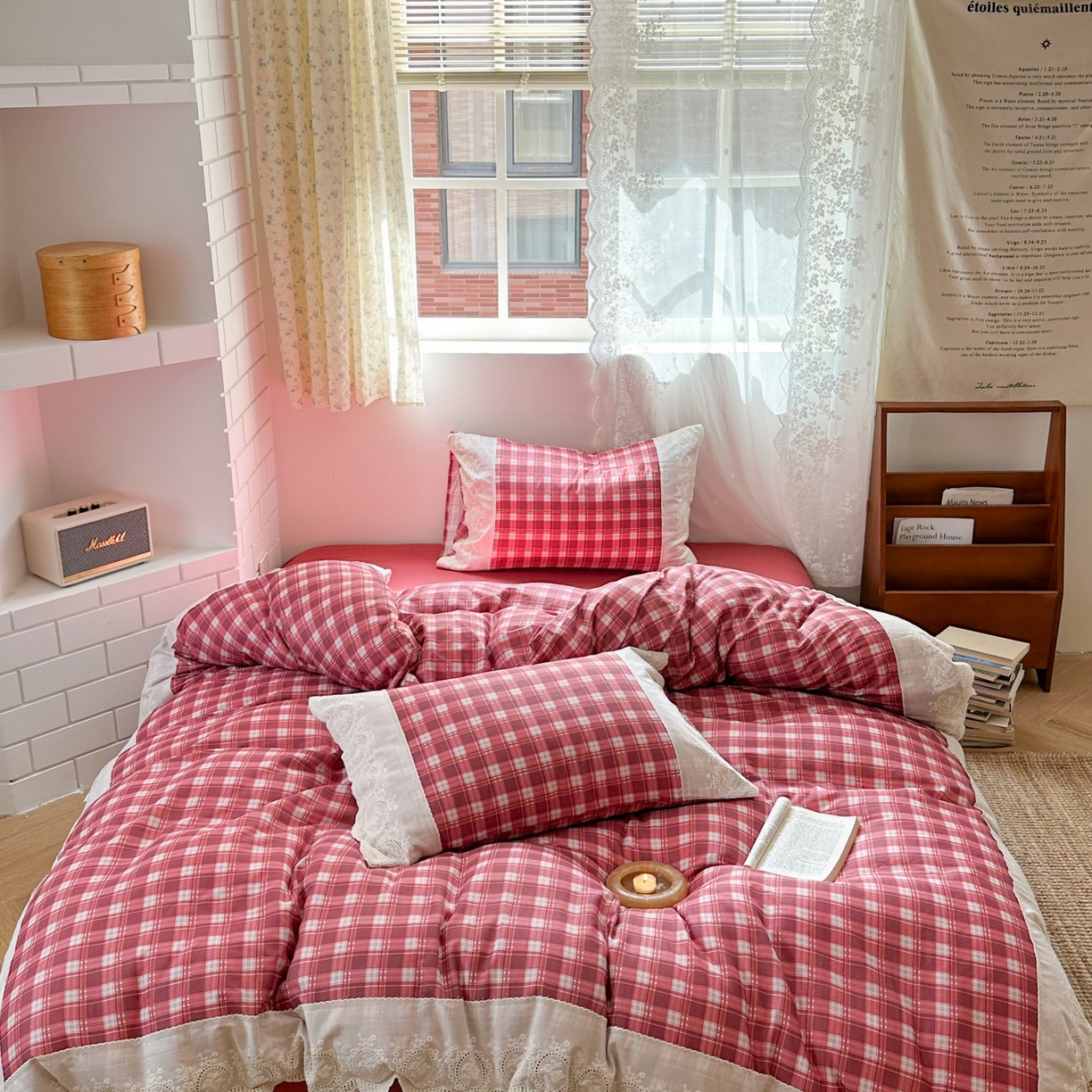 91家纺网 家纺一手货源 找家纺 （总）觅糖家纺 2025新款A类全棉云感双层纱蕾丝花边四件套