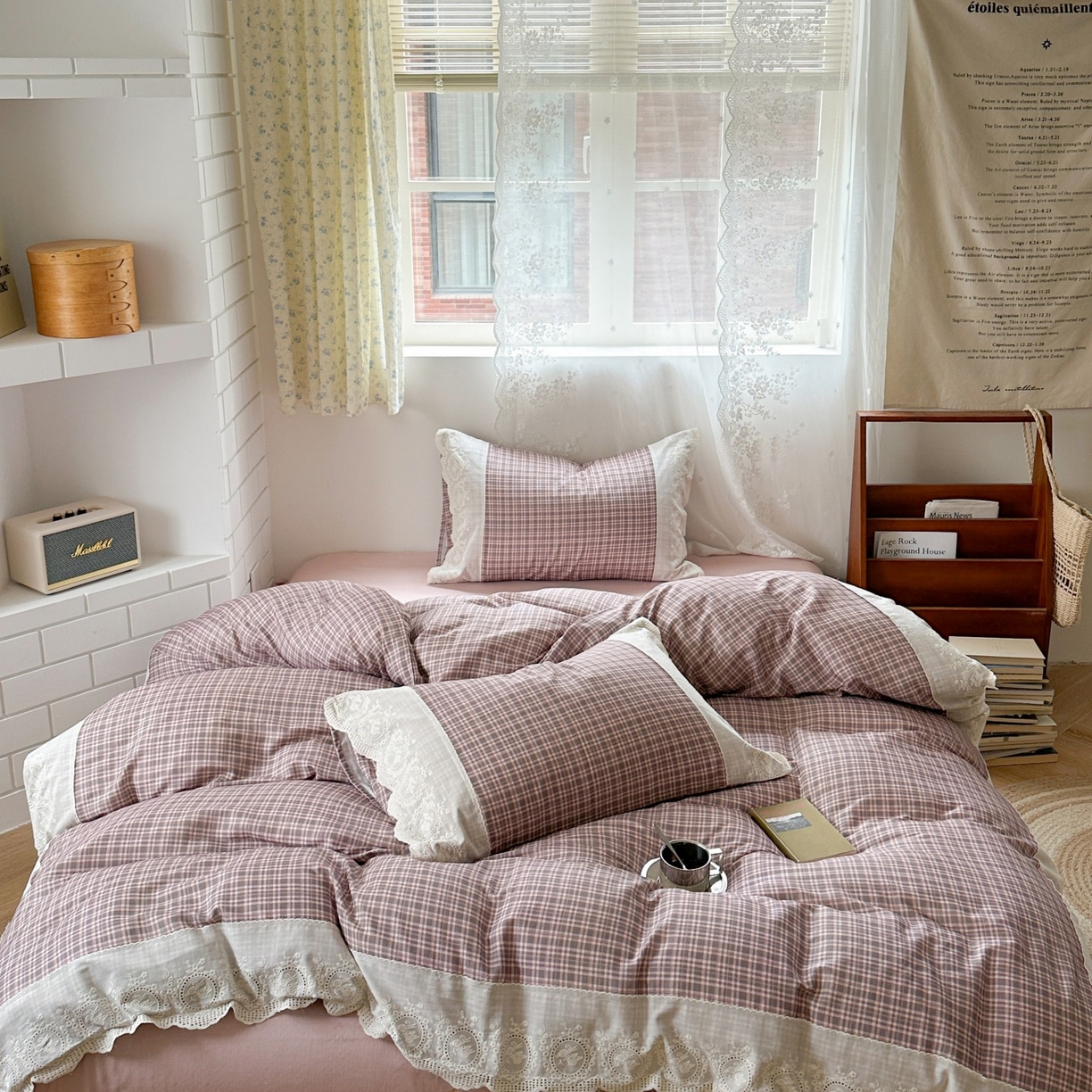 觅糖家纺 2025新款A类全棉云感双层纱蕾丝花边四件套 樱落格