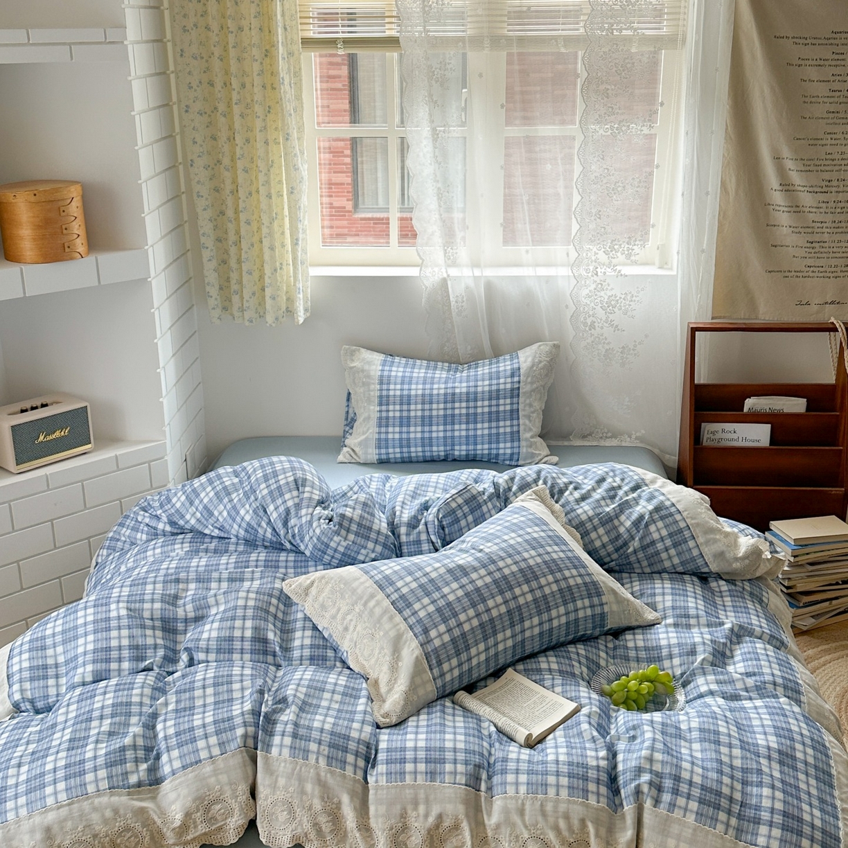 觅糖家纺 2025新款A类全棉云感双层纱蕾丝花边四件套 晴天蓝格