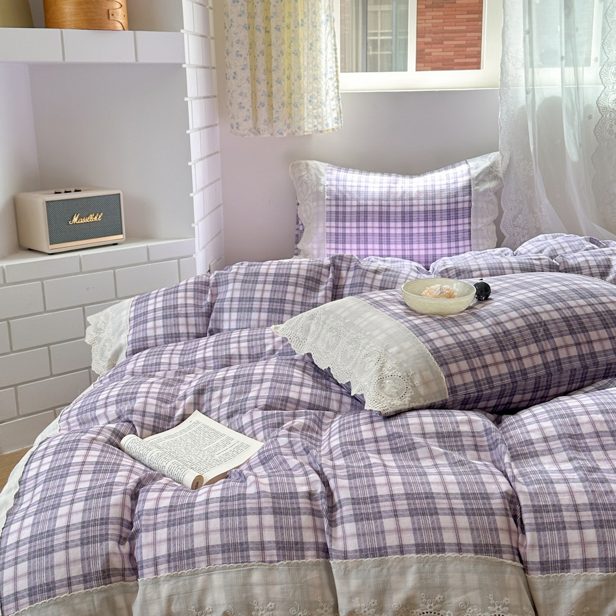 91家纺网 家纺一手货源 找家纺 觅糖家纺 2025新款A类全棉云感双层纱蕾丝花边四件套 紫韵格