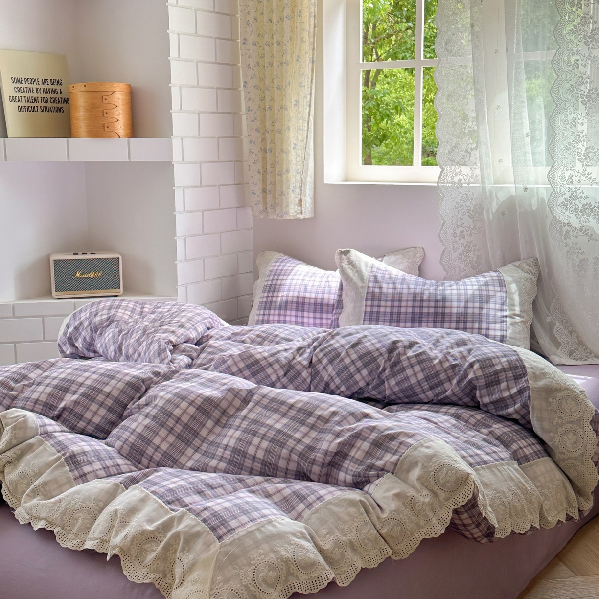 91家纺网 家纺一手货源 找家纺 觅糖家纺 2025新款A类全棉云感双层纱蕾丝花边四件套 紫韵格