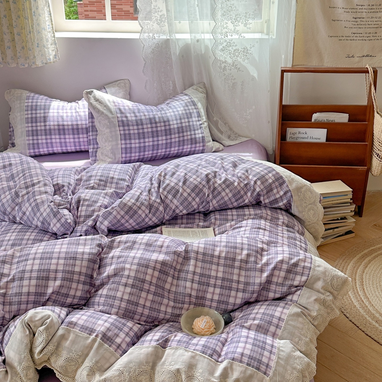 91家纺网 家纺一手货源 找家纺 觅糖家纺 2025新款A类全棉云感双层纱蕾丝花边四件套 紫韵格