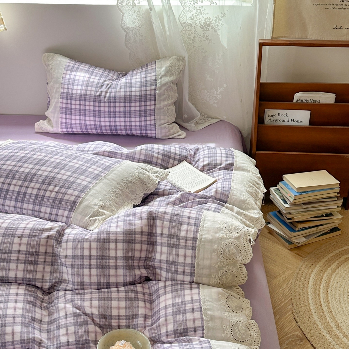 91家纺网 家纺一手货源 找家纺 觅糖家纺 2025新款A类全棉云感双层纱蕾丝花边四件套 紫韵格