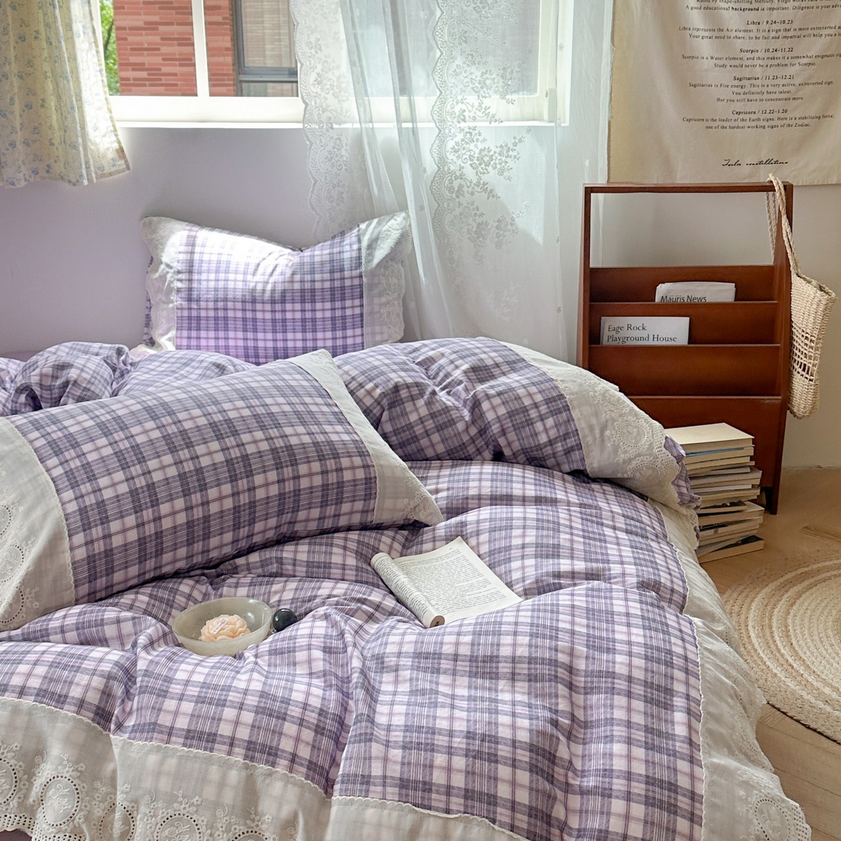 91家纺网 家纺一手货源 找家纺 觅糖家纺 2025新款A类全棉云感双层纱蕾丝花边四件套 紫韵格