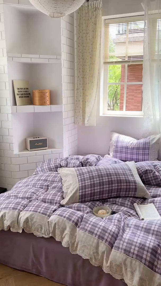 91家纺网 家纺一手货源 找家纺 觅糖家纺 2025新款A类全棉云感双层纱蕾丝花边四件套 紫韵格