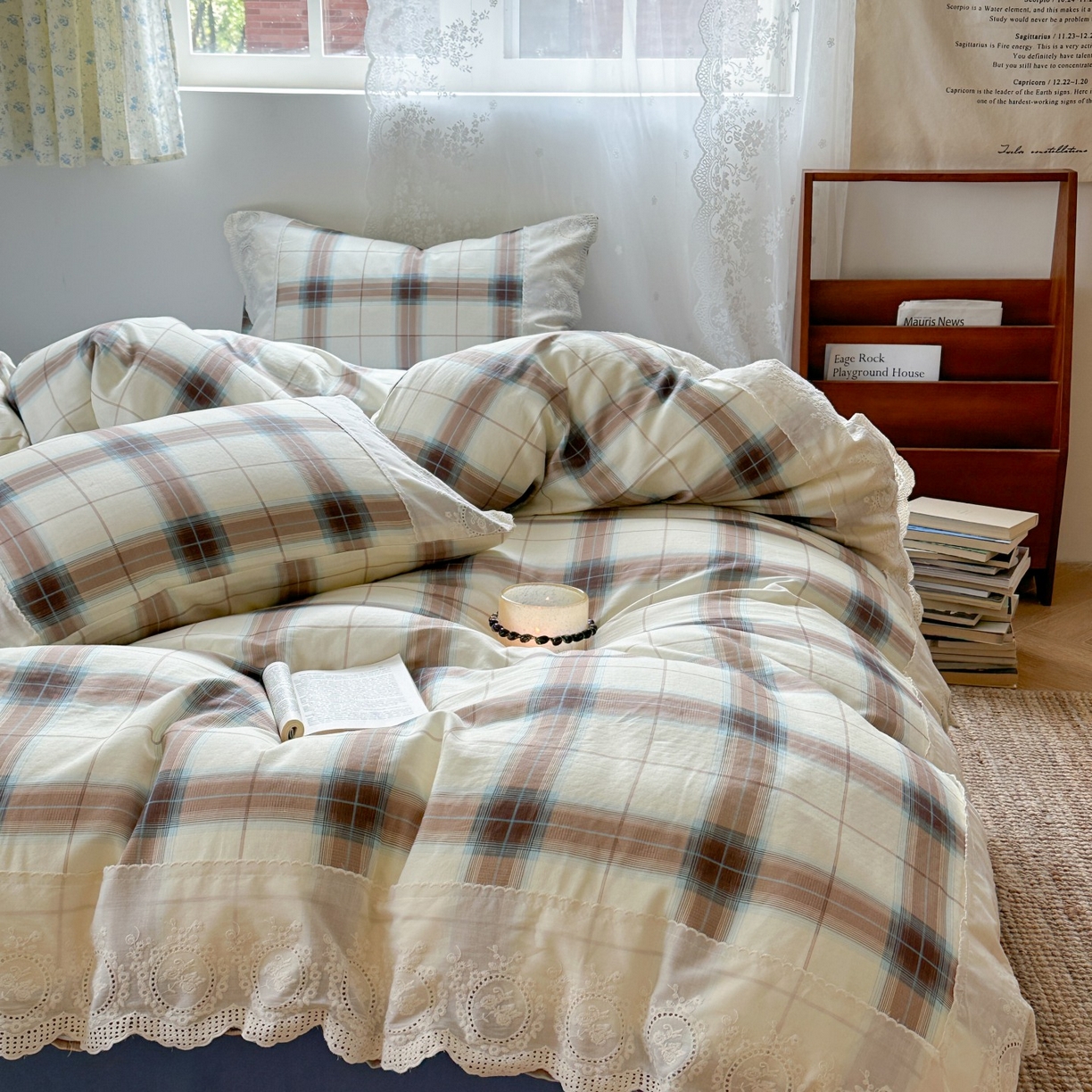 91家纺网 家纺一手货源 找家纺 觅糖家纺 2025新款A类全棉云感双层纱蕾丝花边四件套 西西里格