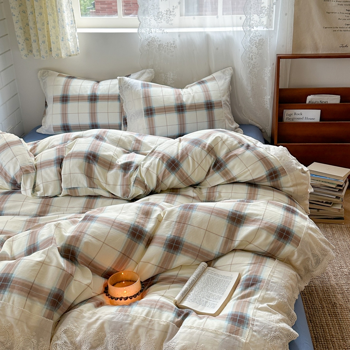 91家纺网 家纺一手货源 找家纺 觅糖家纺 2025新款A类全棉云感双层纱蕾丝花边四件套 西西里格