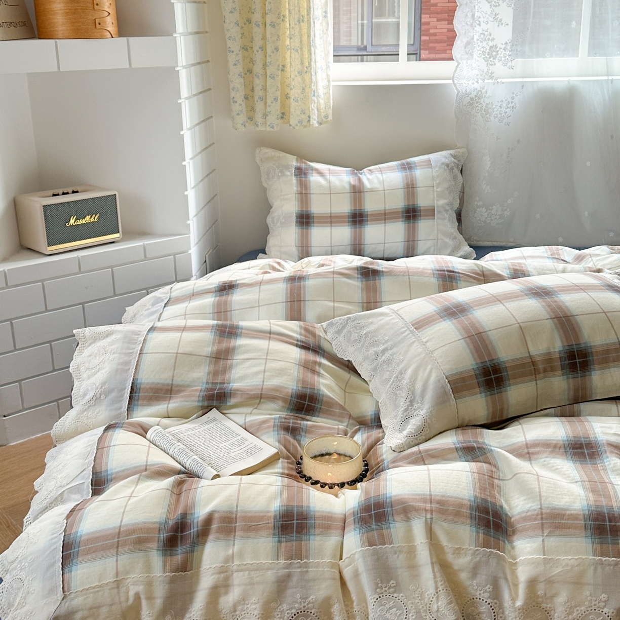 91家纺网 家纺一手货源 找家纺 觅糖家纺 2025新款A类全棉云感双层纱蕾丝花边四件套 西西里格