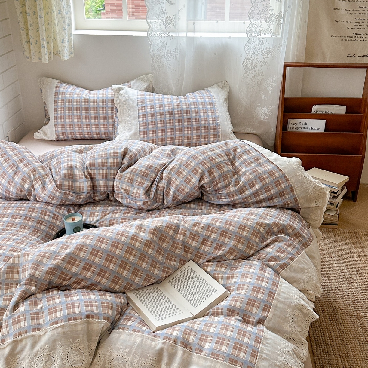 91家纺网 家纺一手货源 找家纺 觅糖家纺 2025新款A类全棉云感双层纱蕾丝花边四件套 海韵格