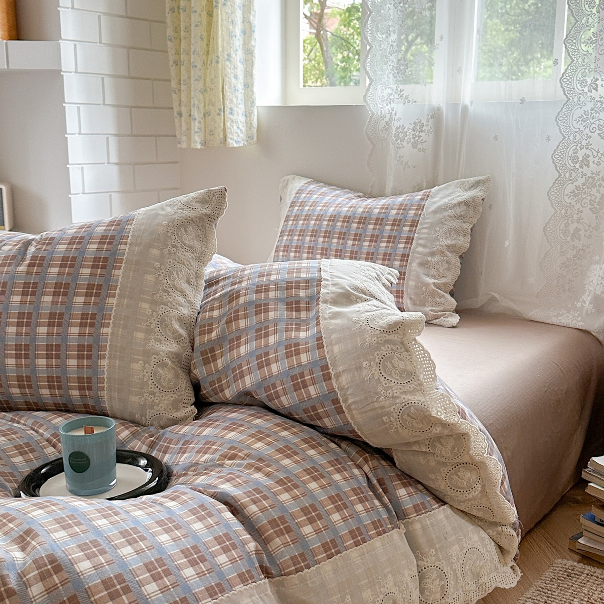 91家纺网 家纺一手货源 找家纺 觅糖家纺 2025新款A类全棉云感双层纱蕾丝花边四件套 海韵格