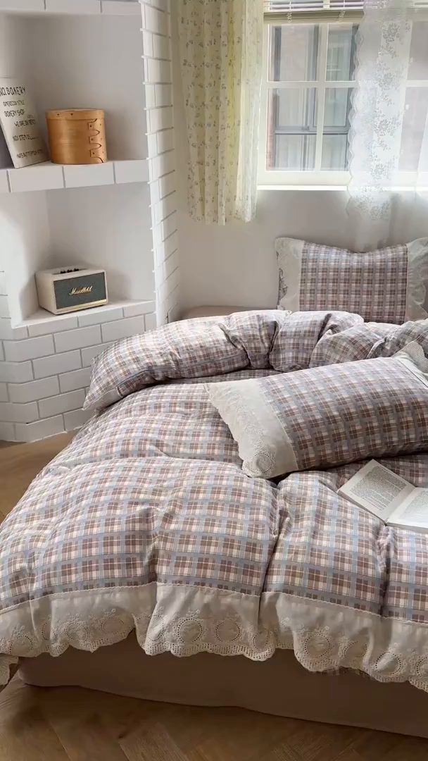 91家纺网 家纺一手货源 找家纺 觅糖家纺 2025新款A类全棉云感双层纱蕾丝花边四件套 海韵格