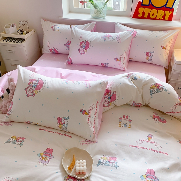 91家纺网 家纺一手货源 找家纺 玉元坊 2025新款三丽鸥系列 纯棉床单全棉床裙三四件套 基础款 开心美乐蒂【简约款】