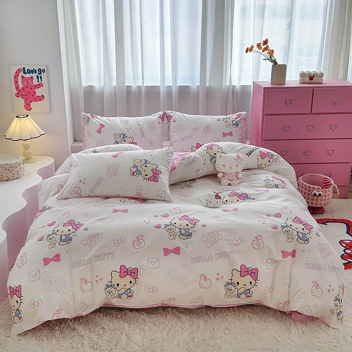 91家纺网 家纺一手货源 找家纺 玉元坊 2025新款三丽鸥系列 纯棉床单全棉床裙三四件套 基础款 凯蒂小熊【简约款】