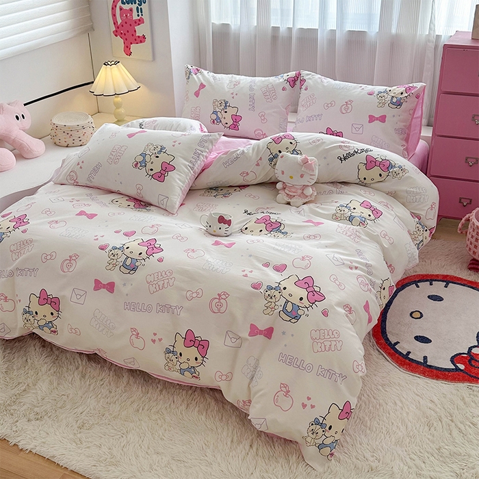 91家纺网 家纺一手货源 找家纺 玉元坊 2025新款三丽鸥系列 纯棉床单全棉床裙三四件套 基础款 凯蒂小熊【简约款】