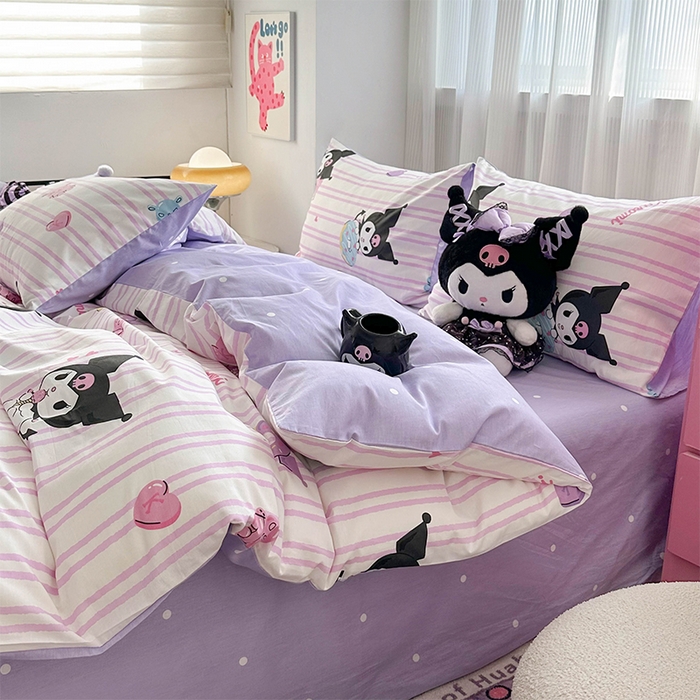 91家纺网 家纺一手货源 找家纺 玉元坊 2025新款三丽鸥系列 纯棉床单全棉床裙三四件套 基础款 库洛米条纹【简约款】