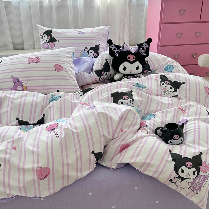 91家纺网 家纺一手货源 找家纺 玉元坊 2025新款三丽鸥系列 纯棉床单全棉床裙三四件套 基础款 库洛米条纹【简约款】