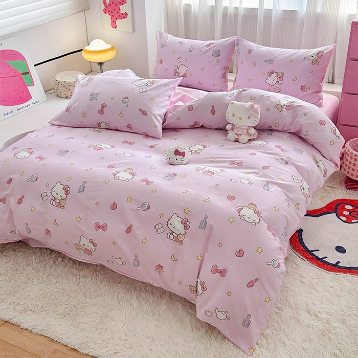 91家纺网 家纺一手货源 找家纺 玉元坊 2025新款三丽鸥系列 纯棉床单全棉床裙三四件套 基础款 美美凯蒂【简约款】