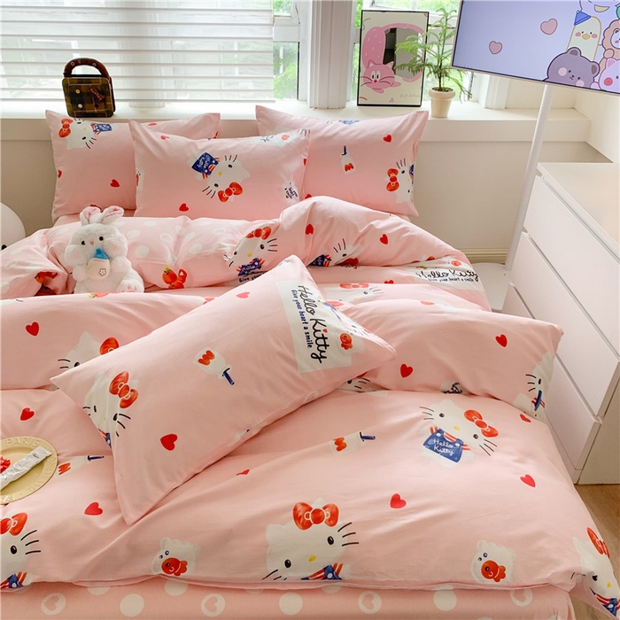 91家纺网 家纺一手货源 找家纺 玉元坊 2025新款三丽鸥系列 纯棉床单全棉床裙三四件套 基础款 苹果凯蒂【简约款】