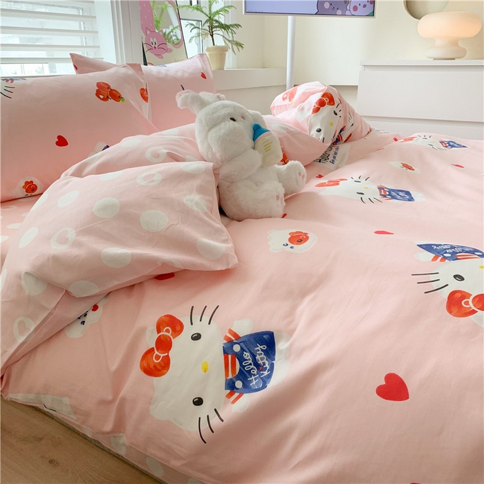 91家纺网 家纺一手货源 找家纺 玉元坊 2025新款三丽鸥系列 纯棉床单全棉床裙三四件套 基础款 苹果凯蒂【简约款】