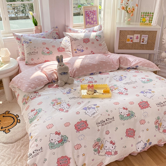 91家纺网 家纺一手货源 找家纺 玉元坊 2025新款三丽鸥系列 纯棉床单全棉床裙三四件套 基础款 甜心kt【简约款】