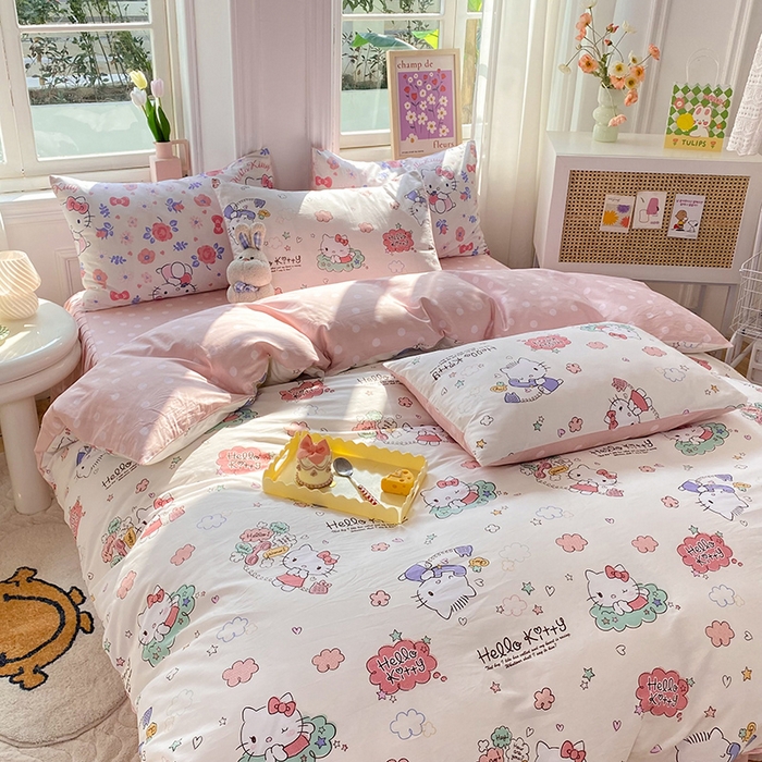 91家纺网 家纺一手货源 找家纺 玉元坊 2025新款三丽鸥系列 纯棉床单全棉床裙三四件套 基础款 甜心kt【简约款】