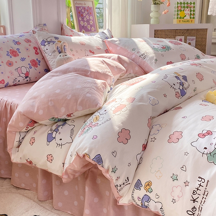 91家纺网 家纺一手货源 找家纺 玉元坊 2025新款三丽鸥系列 纯棉床单全棉床裙三四件套 基础款 甜心kt【简约款】