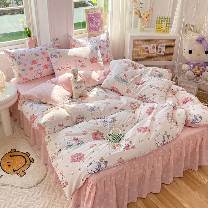 91家纺网 家纺一手货源 找家纺 玉元坊 2025新款三丽鸥系列 纯棉床单全棉床裙三四件套 基础款 甜心kt【简约款】