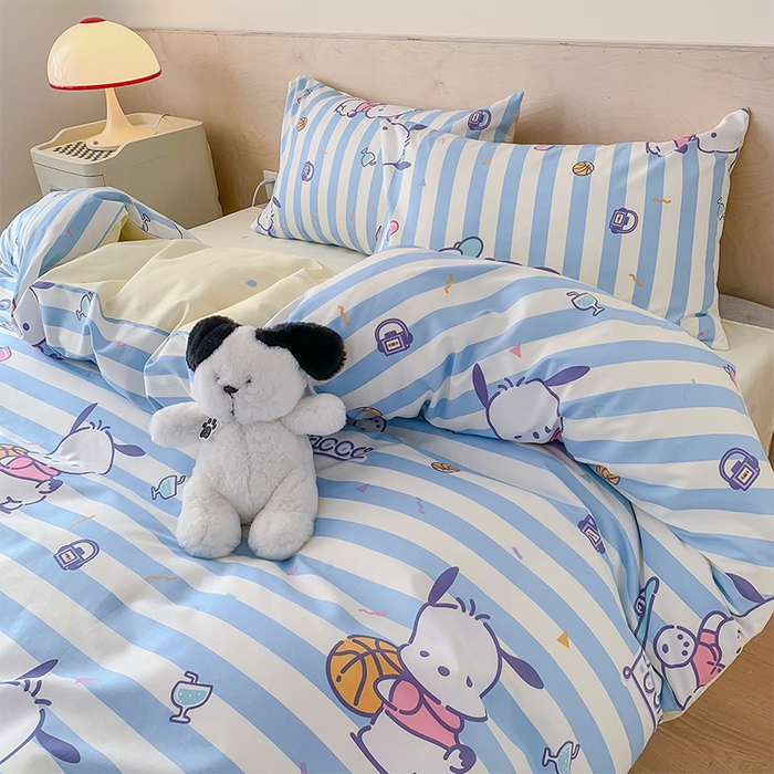 91家纺网 家纺一手货源 找家纺 玉元坊 2025新款三丽鸥系列 纯棉床单全棉床裙三四件套 基础款 条纹帕恰狗【简约款】