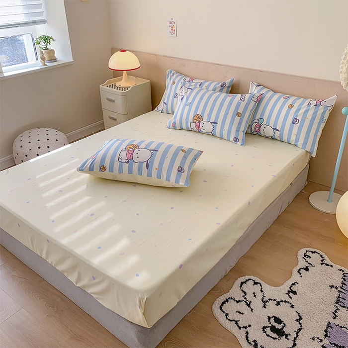 91家纺网 家纺一手货源 找家纺 玉元坊 2025新款三丽鸥系列 纯棉床单全棉床裙三四件套 基础款 条纹帕恰狗【简约款】