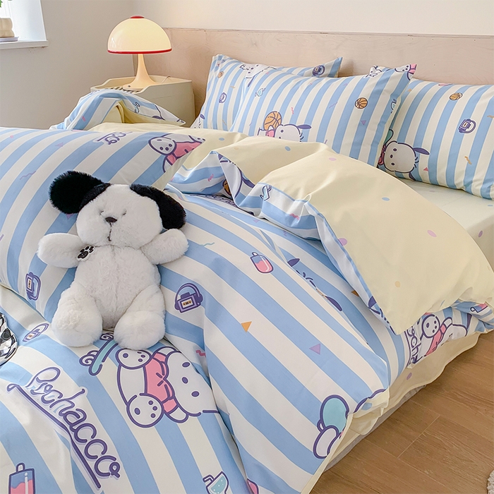 91家纺网 家纺一手货源 找家纺 玉元坊 2025新款三丽鸥系列 纯棉床单全棉床裙三四件套 基础款 条纹帕恰狗【简约款】