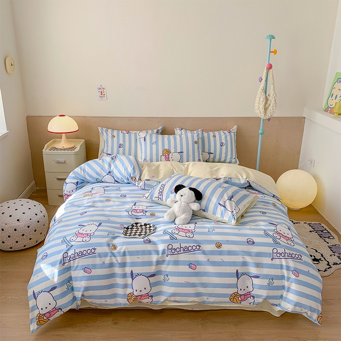 91家纺网 家纺一手货源 找家纺 玉元坊 2025新款三丽鸥系列 纯棉床单全棉床裙三四件套 基础款 条纹帕恰狗【简约款】