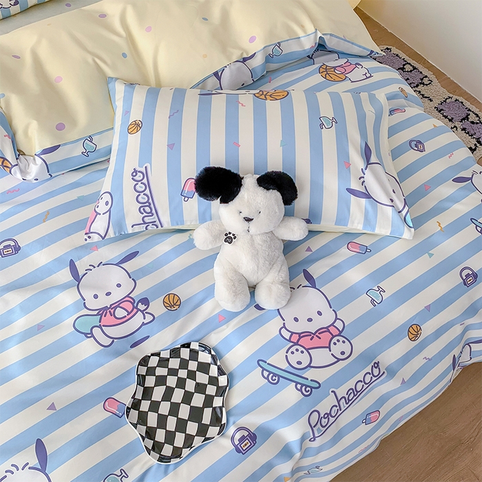 91家纺网 家纺一手货源 找家纺 玉元坊 2025新款三丽鸥系列 纯棉床单全棉床裙三四件套 基础款 条纹帕恰狗【简约款】