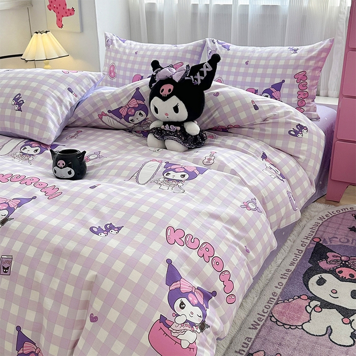 91家纺网 家纺一手货源 找家纺 玉元坊 2025新款三丽鸥系列 纯棉床单全棉床裙三四件套 基础款 紫格库洛米【简约款】