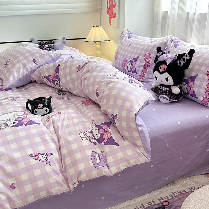 91家纺网 家纺一手货源 找家纺 玉元坊 2025新款三丽鸥系列 纯棉床单全棉床裙三四件套 基础款 紫格库洛米【简约款】